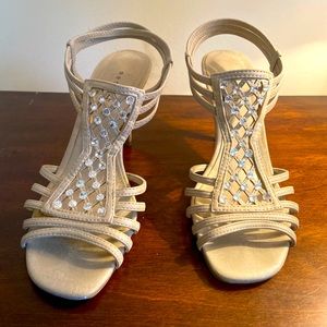 Strappy beige heels with gems